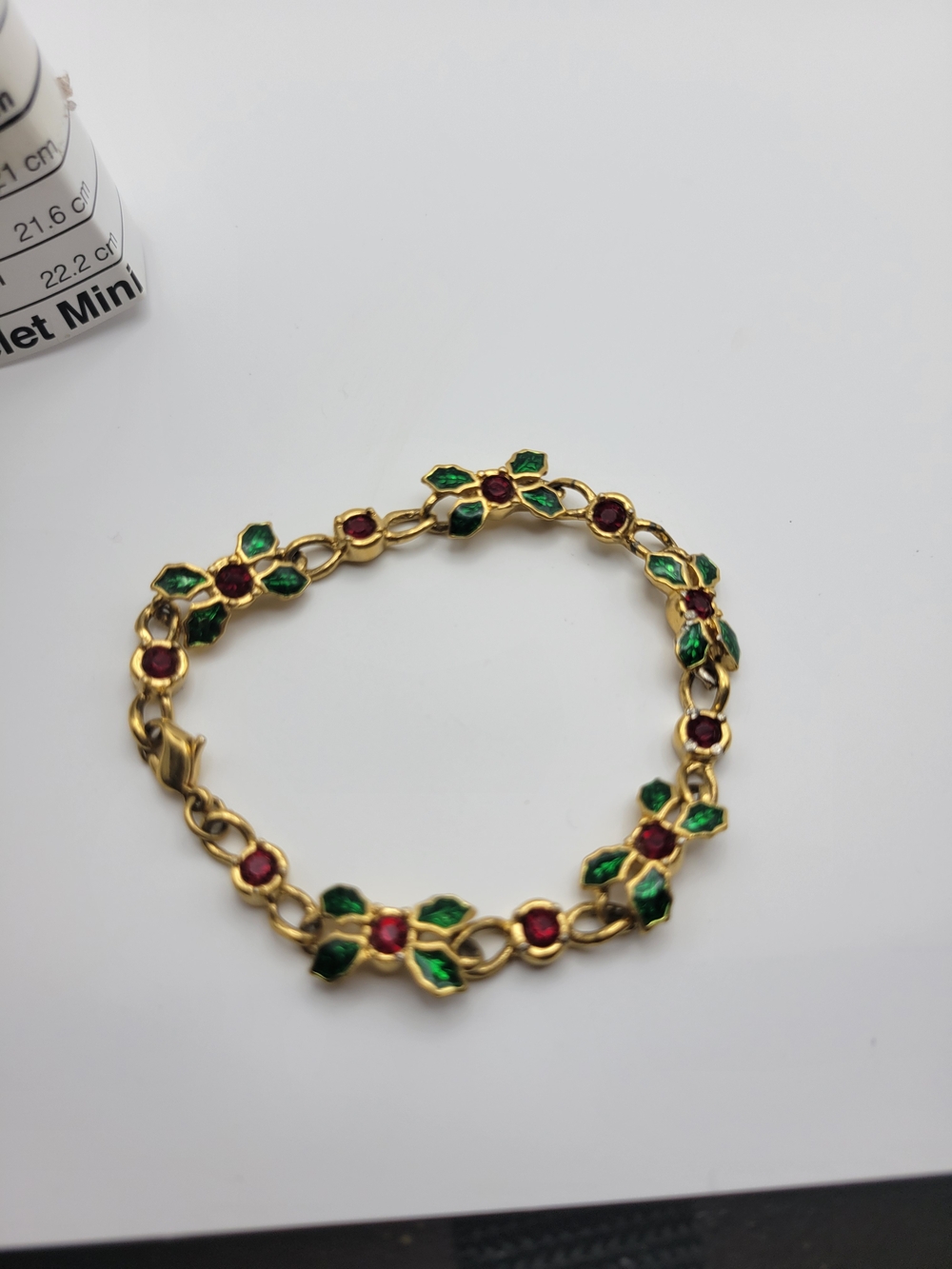 Vintage Avon Gold-Tone Floral Link Bracelet with Green and Red Enamel